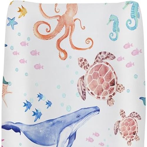 Colorful Ocean Animals Changing Pad Covers for Baby Girls Boys Whale Turtle Jellyfish Sea Horse Corals Fitted Changing Table Cover Mats Marine Life Soft Diaper Changing Table Sheets 32''×16''