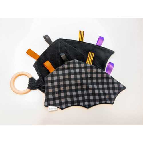 Bat Wing Baby Teether: Plush Velour Sensory Ribbon Toy with Wooden Ring