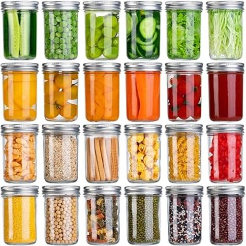 SKOCHE Mason Jars 8 oz, Small Canning Jars 24-Pack 8 Ounce Glass Jars with Lid, Half Pint Mason Jars Ideal for Jelly, Honey, Jam, Wedding, Shower Favors-Includes 24 White Labels