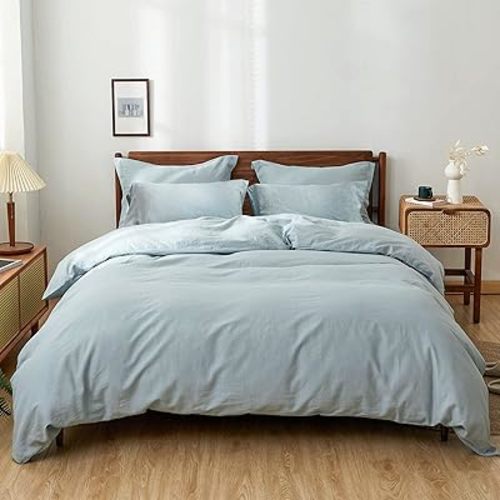 Simple&Opulence 100% Washed Linen Duvet Cover Set 5pcs(1 Duvet Cover& 2 Shams& 2 Pillowcases) Basic Style Natural French Flax Soft Breathable Farmhouse Bedding (Queen, Dusty Blue)