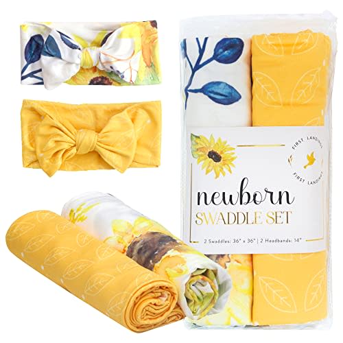 First Landings Newborn Swaddle Set - Baby Swaddles and Matching Headbands for Boys and Girls - Baby Blanket for Newborn Photography, Nursing Covers, Burp Cloths - Sunflower, 36" x 36" (Set of 2 Each)