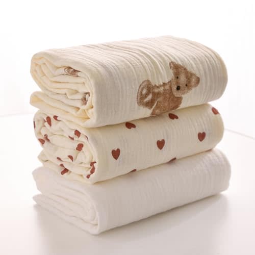 Swaddle Blankets for Newborn, 3 Pack Breathable Soft Receiving Blanket, Large 38 x 40 inches Swaddle Wrap Burping Clothes (3-piece Set (Bear + White + Heart))
