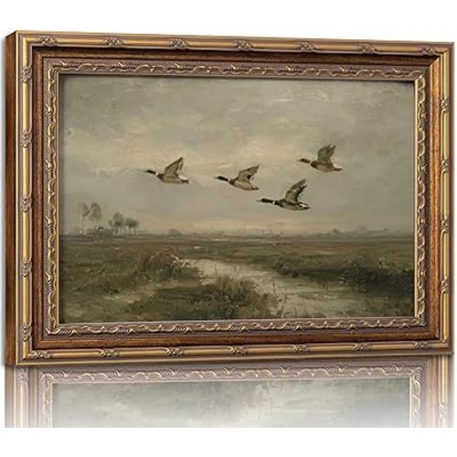 Vintage Gold Framed Flying Duck Wall Art Mallard Duck Canvas Wall Decor Rustic Mallard Poster Artwork Retro Rustic Farmhouse Animal Picture for Home Living Bedroom Farmhouse Hallway 9x11in