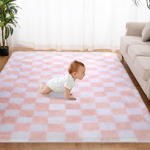 Super Soft Rug for Bedroom, 6x9 Ft Pink and White Area Rug Classic Checkered Shaggy Anti-Skid High Pile Soft Fluffy Rug Fuzzy Carpet for Living Room Bedroom Kids Room Nursery, Dorm Home Decor