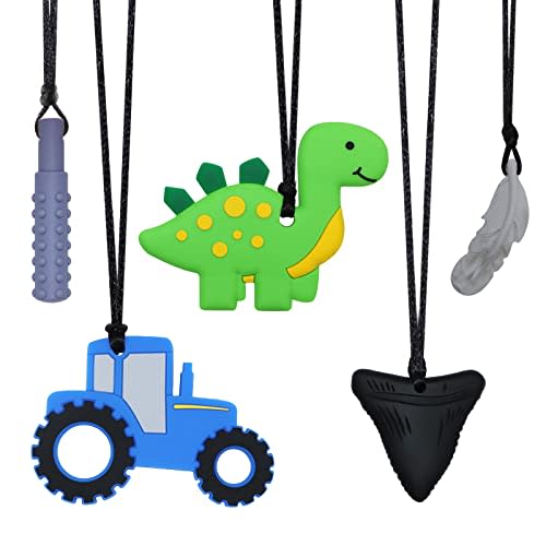KongNai Chew Necklace for Sensory Kids, 5Pcs Chewy Necklaces for Boys and Girls with Autism ADHD, Chewable Silicone Pendant for Reducing Fidget Anxiety,Dinosaur Tractor Chewing Pendants for Toddler