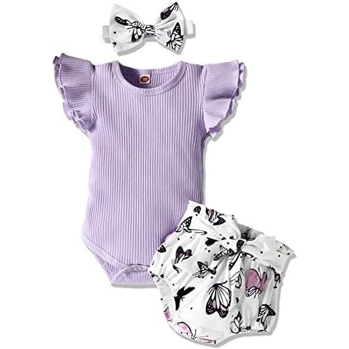 AMAWMW Newborn Baby Girl Summer Clothes Ruffle Ribbed Romper Vintage Floral Bloomers Shorts Outfit Infant Gift Set