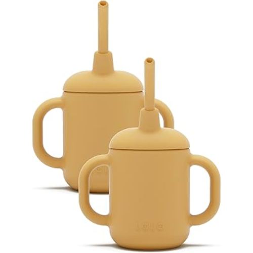 Lalo Little Cup 2-Pack, Non-Toxic Silicone Straw Cup with Handles - Baby and Toddler Sippy Cup - Mini Cup and Straw Training System, 4oz, Honey