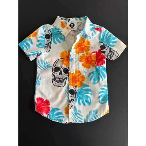 Skull Hawaiian Kids Shirt, Alternative Boys Button Up, Summer Holiday Tropical Outfit,