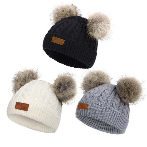 American Trends Baby Beanie Double Pom Pom Hat Kid Toddler Beanies Knit Baby Girl Winter Hat Caps for Baby Boys Girls 3 Packs Black & White & Gray