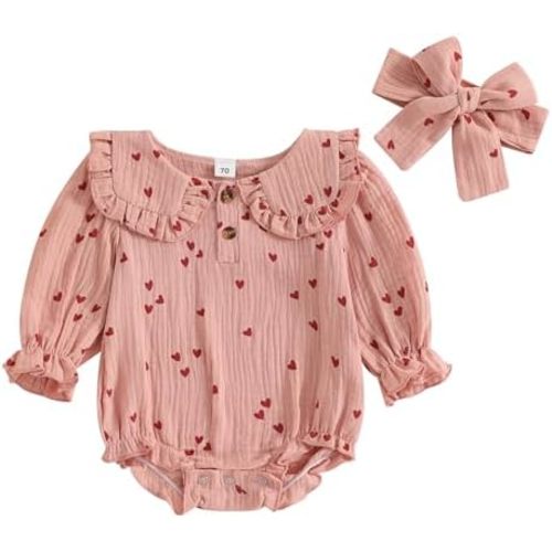 Lesimsam Newborn Baby Girl Valentines Outfit Heart Print Cotton Linen Long Sleeve Bubble Romper Peter Pan Collar Bodysuit