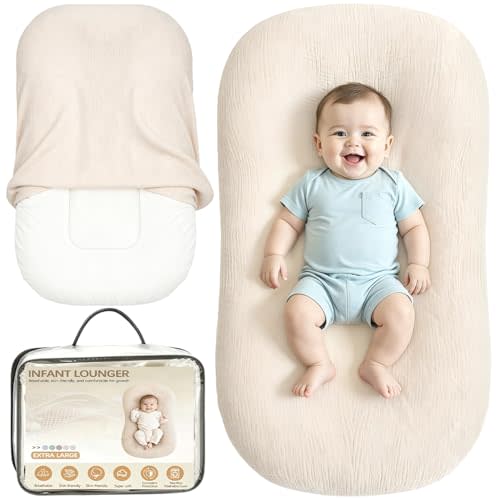 Baby Lounger & Baby Nest, Extra Large Muslin Infant Lounger for Newborns | Breathable & Soft, Portable Infant Support Cushion for Home and Travel, Essential Baby Gift, 1 Lounger + 1 Cover, Beige