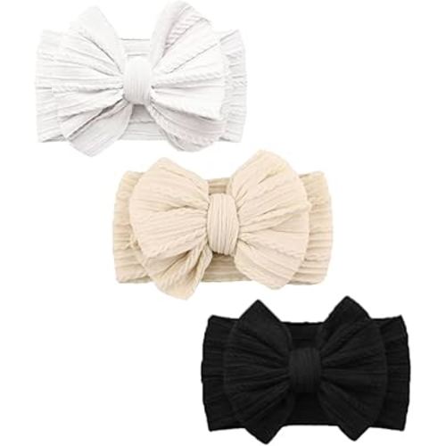 Baby Bows Headbands Soft Nylon Handmade Hair Accessories for Newborn Infant Toddler Kids (3 Mixed White, Large)