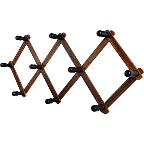 Accordion Wall Hanger, Wood Expandable Wall Mounted Hanger with 10 Hooks for Coats,Hats,Coffee Mug Ect,1 Pack Included, 10 Pegs, Walnut Color,Retro Style,14Inch