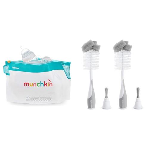 Munchkin Microwave Steam Sterilizer Bags, Bottle Brush 2 Pack - Includes Sterilize Bags 6 Pack, 30 Uses Each and Sponge Nipple Brushes, Grey, 2 Count