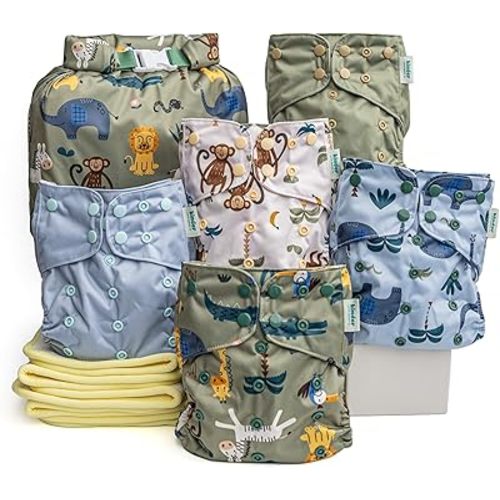Kinder Cloth Diapers Reusable Baby Diapers Pocket Style Athletic Wicking Jersey, Bamboo Viscose Inserts, Wet Bag, Newborn to Potty Training 7-60lbs, One Size (Safari Friends, 5 Pack, with Inserts)
