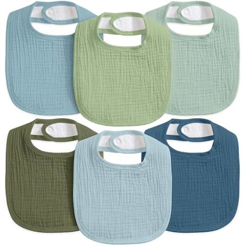 CIVARUA KIDS 6-Pack Muslin Baby Bibs for Drooling & Teething, Absorbent Bib | Soft Cotton Baby Drool Bib for Baby Boy Girl, Easy Adjustable Bibs for Toddlers, Newborn, Infants 0-36 Months Green & Blue