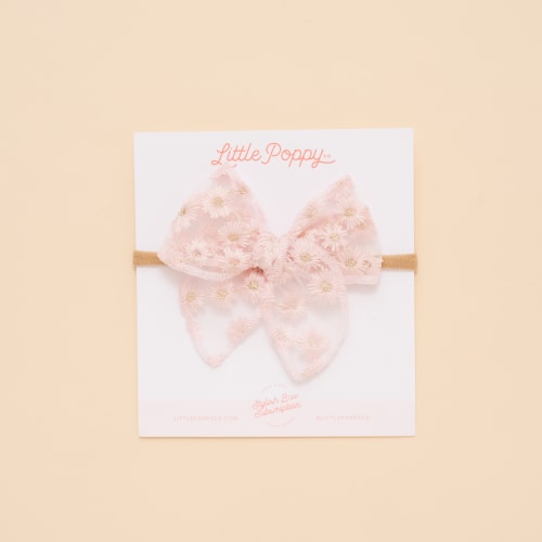 Pink Embroidered Mesh Lace Headband Bow
