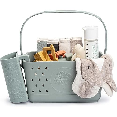Parker Baby Bath Essentials Bundle – 18 oz BPA-Free Silicone Rinse Cup + EVA Foam Quick-Dry Bath Caddy Organizer (Neutral Colors)