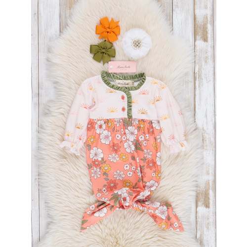 Peach & Green Daisy Garden Ruffle Knot Gown