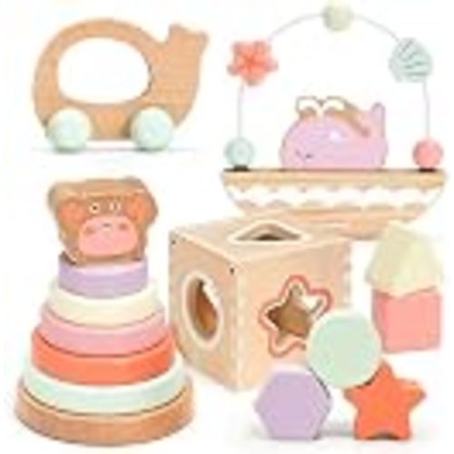 Montessori Wooden Toys Set for Toddlers 12M+ 4-in-1 Educational Toy with Stacking Rings, Shape Sorter, Bead Maze & Baby Car