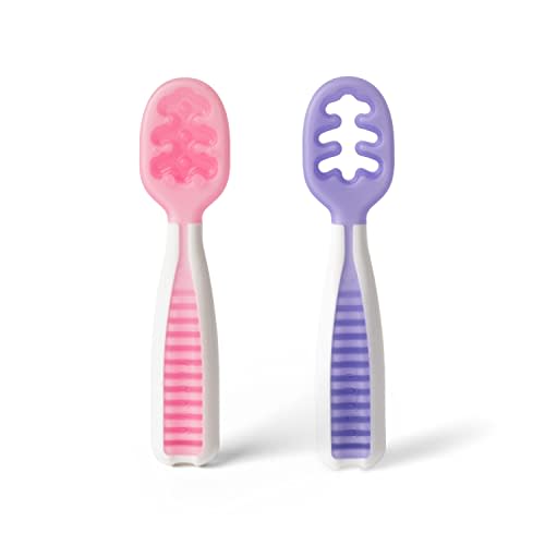 NumNum Baby Spoons Self Feeding 6 Months, 2-Pk Frosty Lilac/Rose | First Stage Silicone Pre Spoon Utensils For Baby Led Weaning, BPA Free Baby Feeding Essentials, Dishwasher Safe
