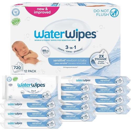 Amazon.com: WaterWipes Sensitive+ Newborn & Baby Wipes, 3-In-1 Cleans, Cares, Protects, 99.9% Water, Unscented & Hypoallergenic, 720 Count (12 Packs) : Baby