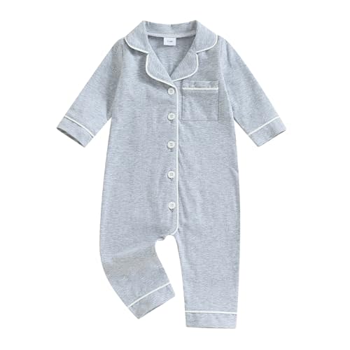 FULA-bao Newborn Baby Boy Girl Cotton Pajamas Romper Button Down One Piece Pjs Jumpsuit Solid Color Infant Baby Sleepwears