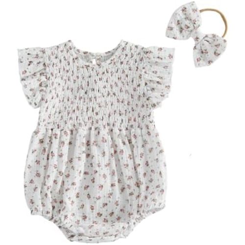 Newborn Infant Baby Girl Bubble Cotton Romper Fly Sleeve Print Bodysuit One Piece Jumpsuit Headband Summer Outfits