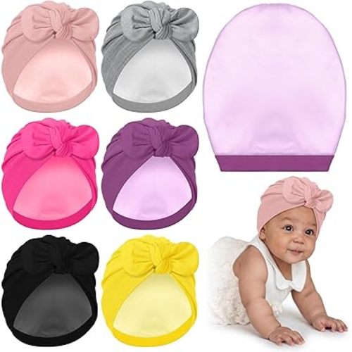 Halfchet 6 Pcs Newborn Satin Bonnet Silk Stretchy Satin Lined Baby Beanie Turban Hat with Bow for Infant Toddler 0-6 Months