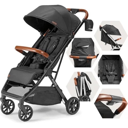 Bombi Bēbee V2 Lightweight Baby Stroller - Premium Vegan Leather, One-Hand Fold, Infinite Recline, Aircraft-Grade Aluminum Frame, XXL Canopy, and Ample Storage Umbrella Stroller - Hickory