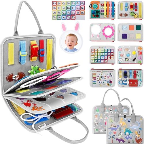 Busy Board Montessori Toys for 1 2 3 4 Year Old Boy & Girl Birthday Gifts, Autism Sensory Travel Toy for Toddlers 1-3, Educational Activity Sensory Busy Book for Learning Fine Motor Skills, Gray