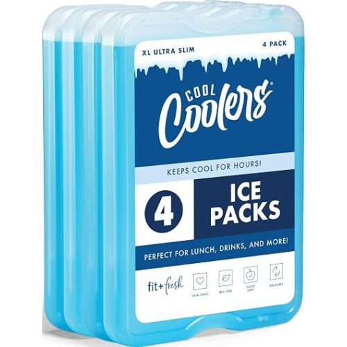 Cool Coolers by Fit & Fresh 4 Pack XL Slim Ice Packs, Quick Freeze Space Saving Reusable Ice Packs for Lunch Boxes or Coolers