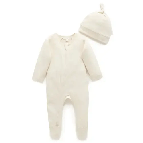 Beige Pointelle Growsuit & Hat Pack - Baby Growsuits - Purebaby - Purebaby