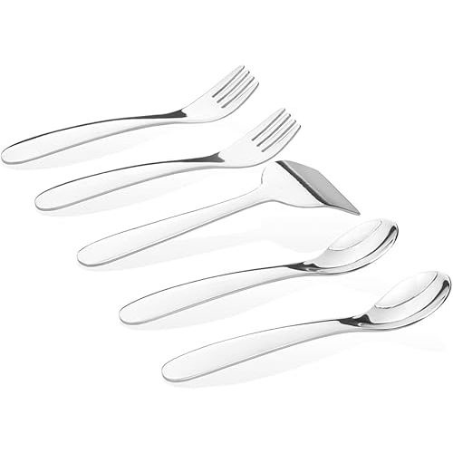Baby Stainless Steel Utensil Set. Education series. Stainless #304 (18/8) 5pc Set (2 Spoons, 2 Forks, 1 Baby Butter Spreader/Food Pusher). Suitable for Baby Feeding/Weaning. Elegant Gift