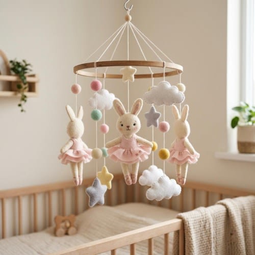 Ballet Bunny Baby Mobile, Cute Rabbit Nursery Hanging Toy, Wooden Arm Decor, Handmade Baby Crib Mobile, Baby Shower Gift, Newborn Gift