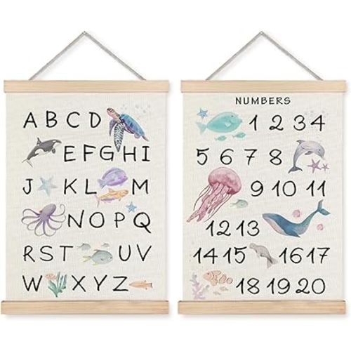Supwhd Ocean Nursery Decor, Alphabet Numbers Ocean Animals Poster Hanger Frame, Sea Animals ABC 123 Educational Wall Decor for Nursery Kids Room Playroom Classroom Homeschool, 12x16 Inches Set of 2