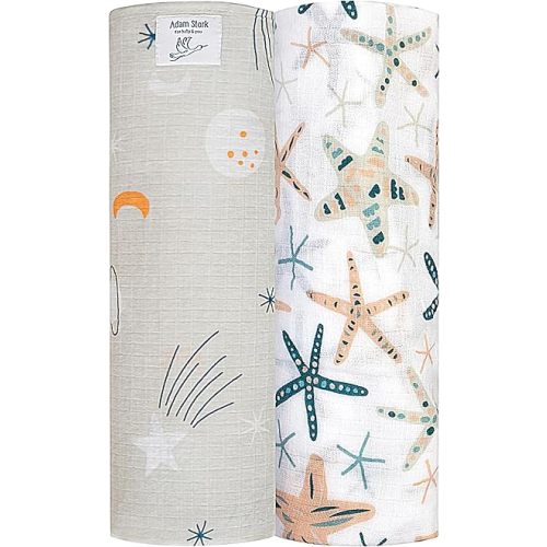 Newborn Swaddle Muslin Blankets, 2-Pack Gender-Neutral Swaddle Wraps for Babies, Breathable & Skin-Friendly, 40x40 inches, Stars & Starfish Design, Perfect for Baby Registry & Gifts