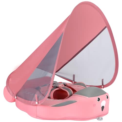Mambobaby Float Add Tail No Flip Over Non-Inflatable Baby Swim Float Pearl Foam Solid Water Floats Smart Swim Trainer Infant Pool Float Swim Ring with Sun Canopy
