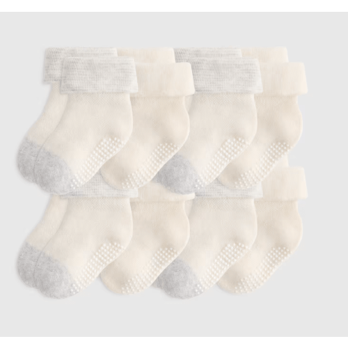 Organic Cotton Gripper Fold Over Socks 8-Pack - Baby in White/Grey