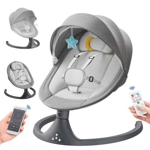 APRPINK 5-in-1 Baby Swing and Bouncer, Bluetooth Control, Gray Striped, Portable, Safety Belt