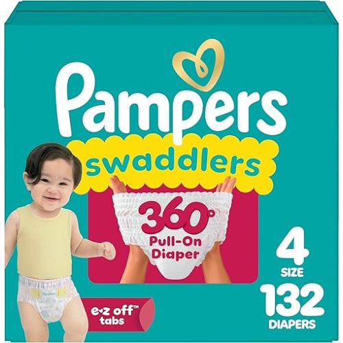 Pampers Diapers - Swaddlers 360° - Size 4, 132 Count, up to 100% Leakproof Comfy Dry Fit, Designed for Easy Changes, Pull On Baby Diaper (Packaging May Vary)