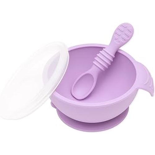Bumkins Baby Bowl, Silicone Feeding Set with Suction for Baby and Toddler, Includes Spoon and Lid, First Feeding Set, Training Essentials for Baby Led Weaning for Babies 4 Months Up, Lavender