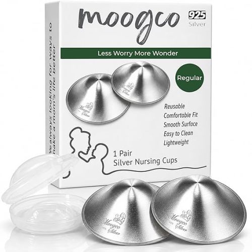 MOOGCO The Original Silver Nursing Cups - Nipple Shields for Breastfeeding Newborn - Breastfeeding Essentials - Solid 925 Sterling Silver Nipple Covers (Regular Size, Set of 2)