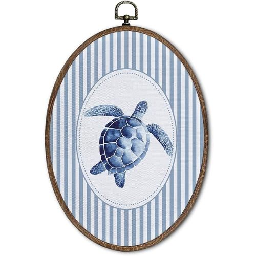 FLAWAFLOMA Vintage Nautical Nursery Oval Wall Art Decor, Kids Room Canvas Wall Art Framed, Retro Sea Turtle Hanging Decorations for Kids Toddler Boy Nursery Room Playroom Decor, 8.6x11.4 Inch