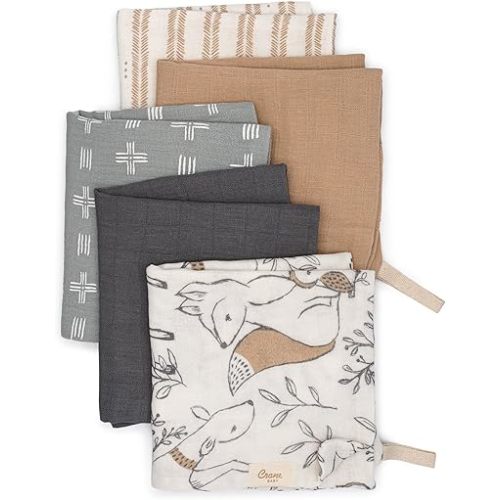 Crane Baby Wash Cloth Set, 100% Cotton, Set of 5, Woodland Animal Theme, Muslin Washcloths for Newborn, Baby Registry Gift