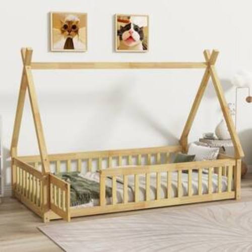 Natural Twin Size Kids Bed with Guardrails