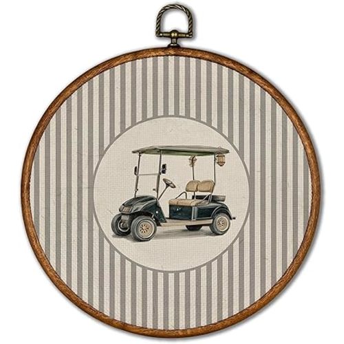 KSDUT Vintage Golf Cart Wall Art Decor - Retro Sports Trendy Wall Art Canvas Frame Hanging Prints, Nursery Sports Gallery Round Artwork Decor for Boys Room Home Decorations 10"x10"