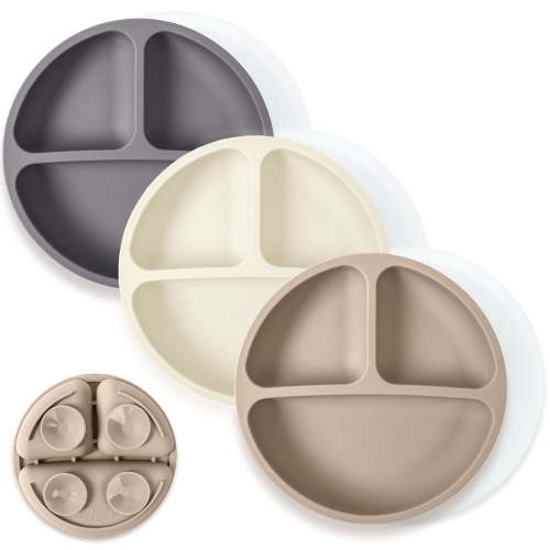 WeeSprout Silicone Divided Suction Plates, Baby Food Dinnerware, 3-Pack with Lids
