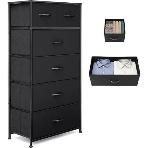 Fabric Dresser for Bedroom, Tall Skinny Dresser with 6 Drawers, Storage Organizer Tower, Steel Frame Wooden Top for Closet, Living Room, Hallway, Nursery(Black)