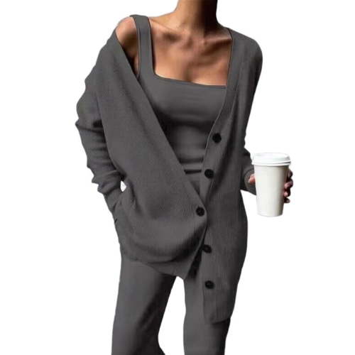 Women'S 3 Piece Knit Lounge Set Long Sleeve Cardigan Sleeveless Top Pants Sweatsuit Dark Gray M